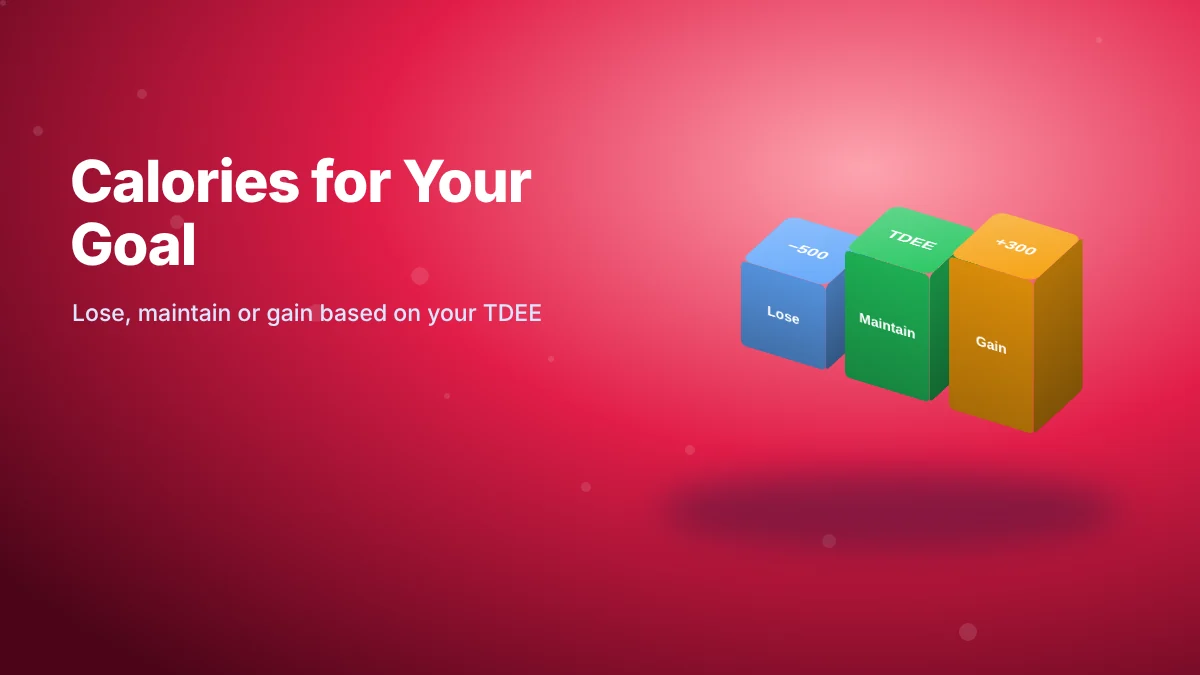3D blocks showing calorie targets: lose weight at minus 500, maintain at TDEE, gain at plus 300