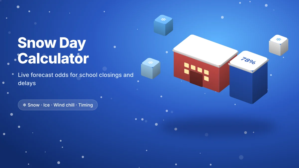 3D snowy school building next to a 78% snow day chance block